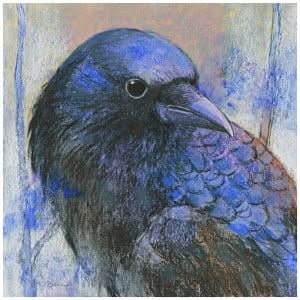 een tekening van een blauwe vogel zittend op een tafel
