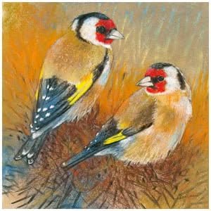 een schilderij van twee vogels die in het gras zitten